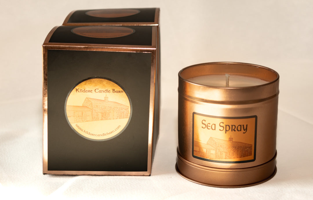 Copper Candle in a decorative box labeled 'Sea Spray' on a white background