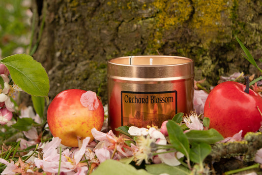 Irish Soy Wax Candle labeled 'Orchard Blossom' surrounded by apples and flowers against a tree trunk.