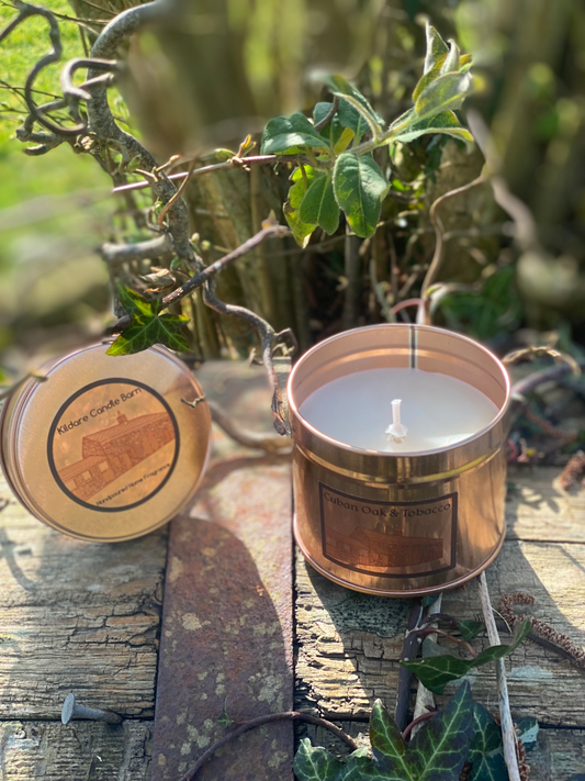 Cuban Oak & Tobacco Irish Soy Wax Tin Candle on oak barrels