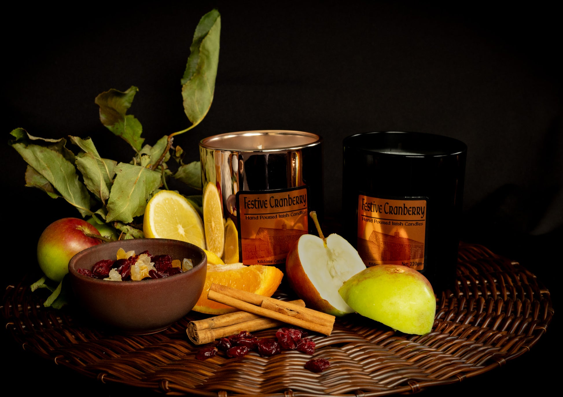 Festive Cranberry Irish Soy Wax Candles, Black & Copper Jars