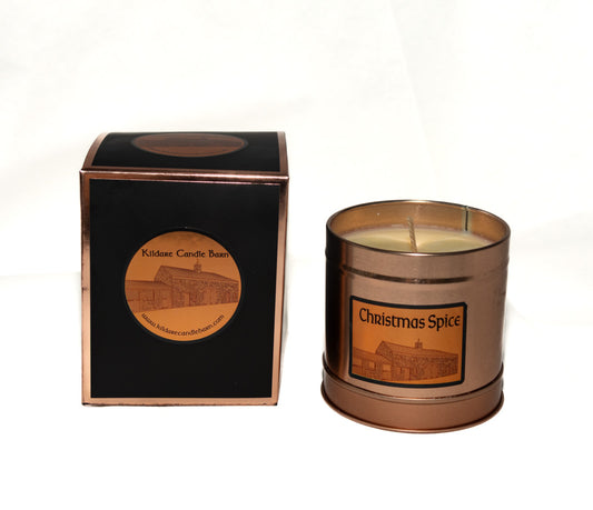 Irish Soy Wax Candle labeled 'Christmas Spice' with a matching box on a white background