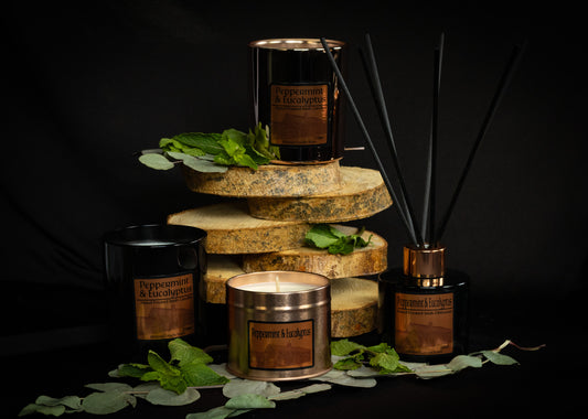 Irish Soy Wax Candle and diffuser set with mint and eucalyptus  leaves on a dark background